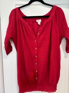 NWT Motherhood Maternity Blue Red Crinkle Crepe Henley Blouse Size M